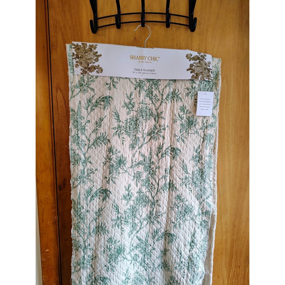 Shabby Chic Table Runner 100% Cotton Quilted Floral Green/Beige 18 x 108 in